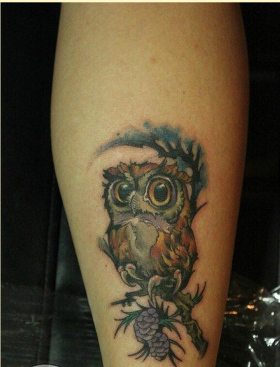 个性腿部时尚好看的彩色猫头鹰纹身图图片