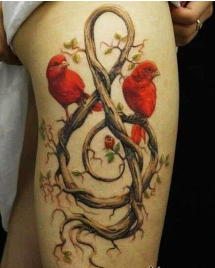 性感女性腿部好看的音符与小鸟纹身图图片