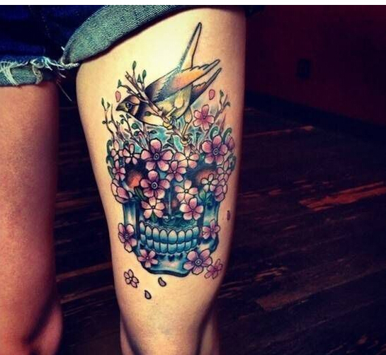 女性腿部个性时尚好看的彩色骷髅纹身图片