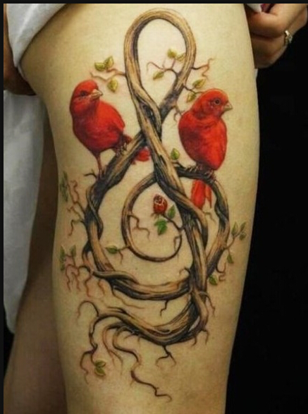 女生腿部时尚好看的音符与小鸟纹身图图片