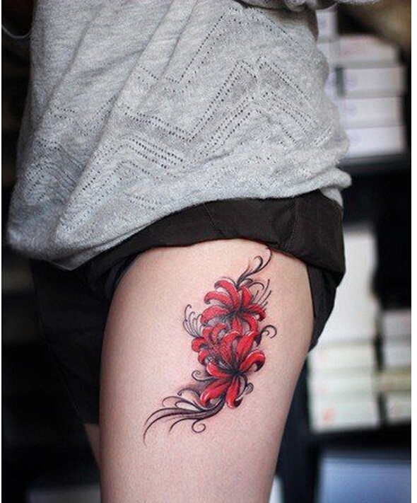 女性腿部唯美漂亮的彩色彼岸花纹身图图片