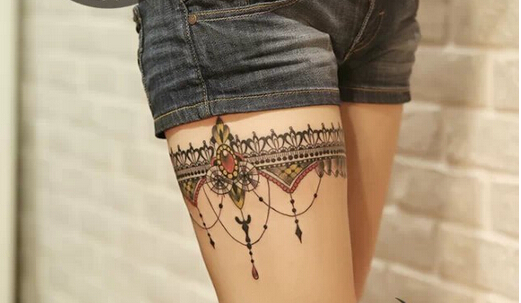 美女大腿漂亮精美好看的蕾丝脚链纹身图片