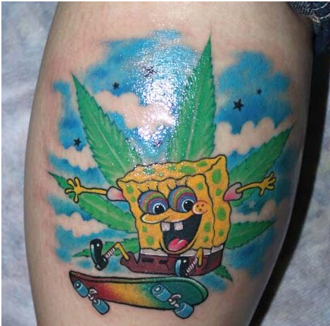 腿部时尚漂亮好看的卡通海绵宝宝纹身图片