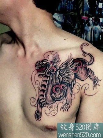 胸部龙之九子貔貅纹身