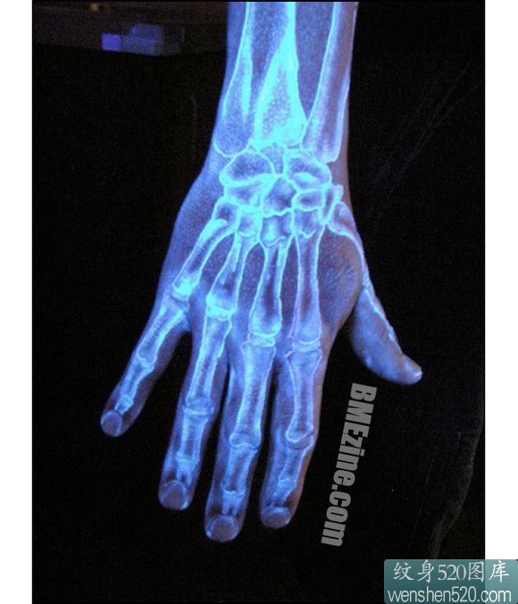 手背上的荧光骷髅骨架纹身