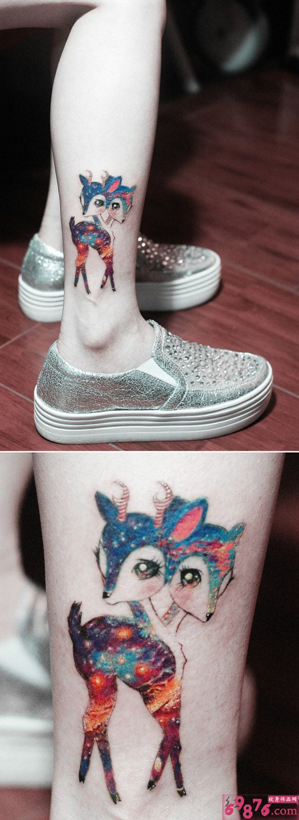 个性星空双头鹿脚踝创意纹身图片
