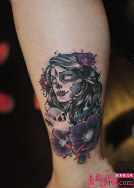 骷髅亡灵美女创意脚踝纹身图片