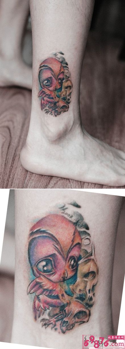 另类骷髅小鸟脚踝纹身图片