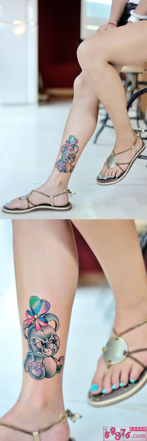 可爱扎蝴蝶结的熊仔纹身图片