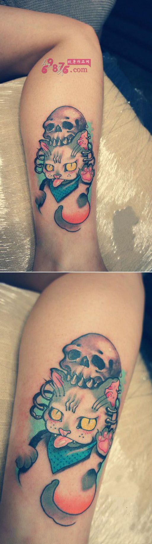 个性骷髅猫咪脚踝纹身图片