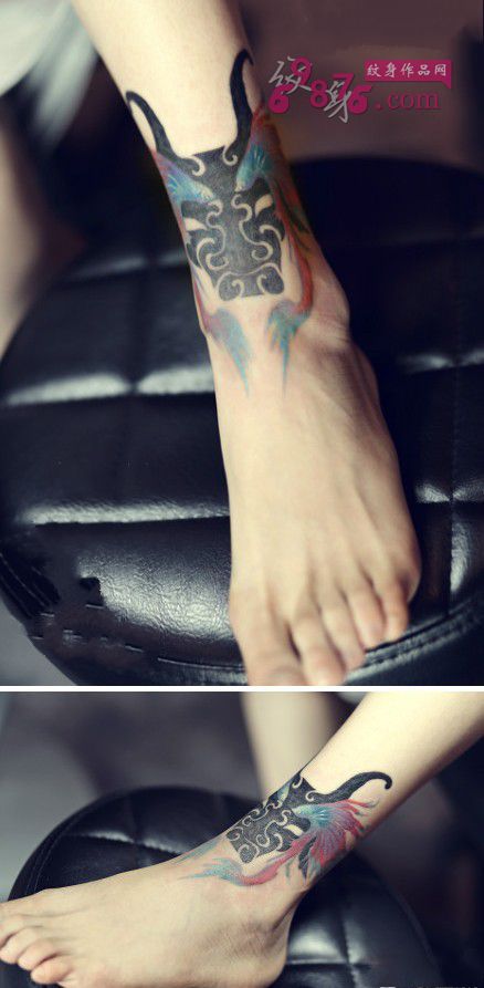 创意金牛与双鱼脚踝纹身图片