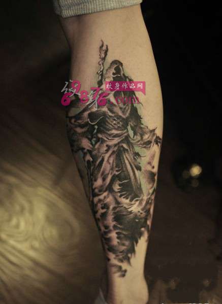 复古欧美死神花小腿纹身图片