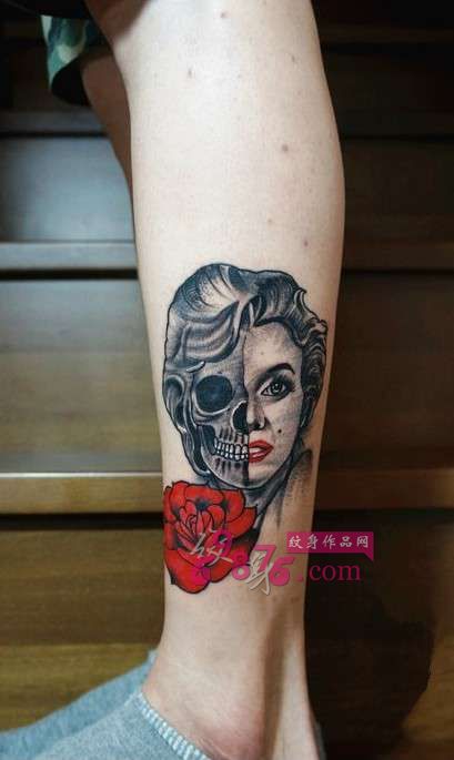 创意骷髅梦露小腿纹身图片