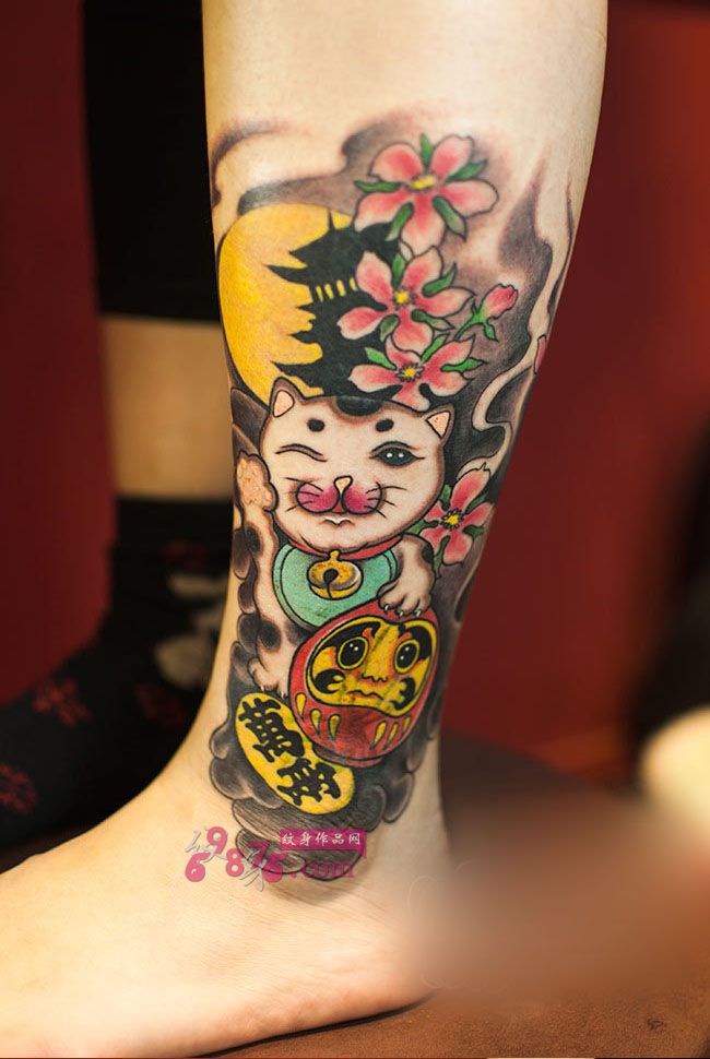 创意招财猫脚踝纹身图片