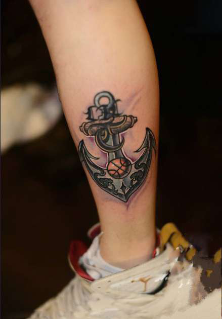时尚彩色船锚脚踝纹身图片
