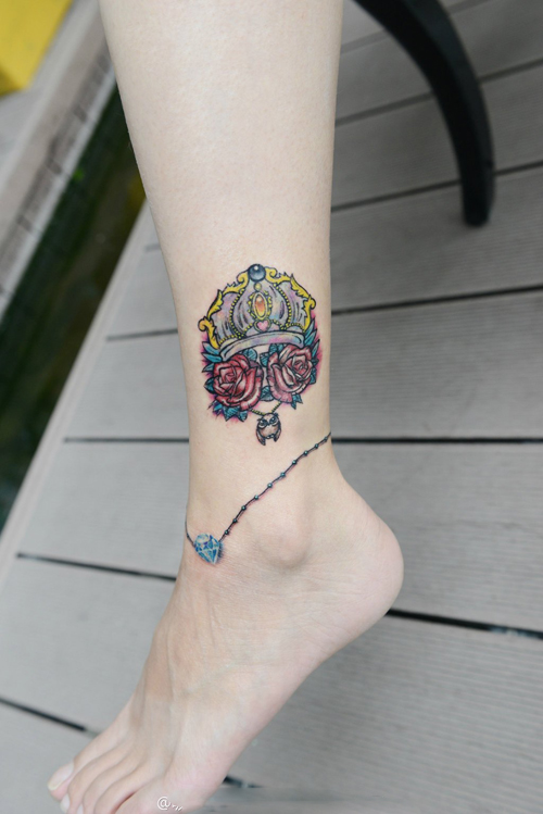 唯美皇冠玫瑰脚链脚踝纹身图片