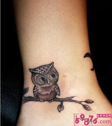 小腿可爱猫头鹰纹身图片
