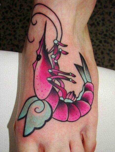 脚背个性彩色虾子纹身图案图片