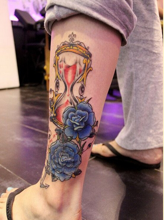 漂亮脚踝好看的沙漏玫瑰花纹身图案图片