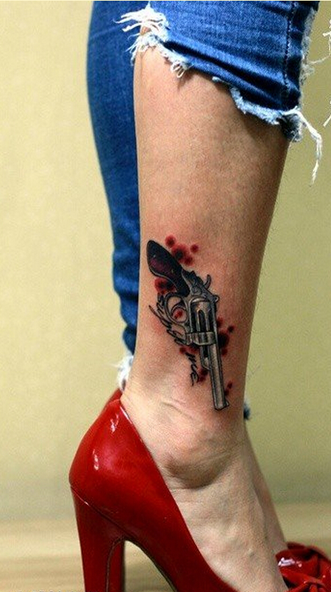 时尚女性脚踝漂亮好看的手枪纹身图案图片