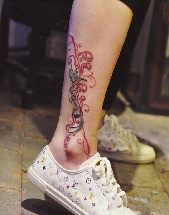 个性脚踝时尚好看的彩色凤凰纹身图案图片