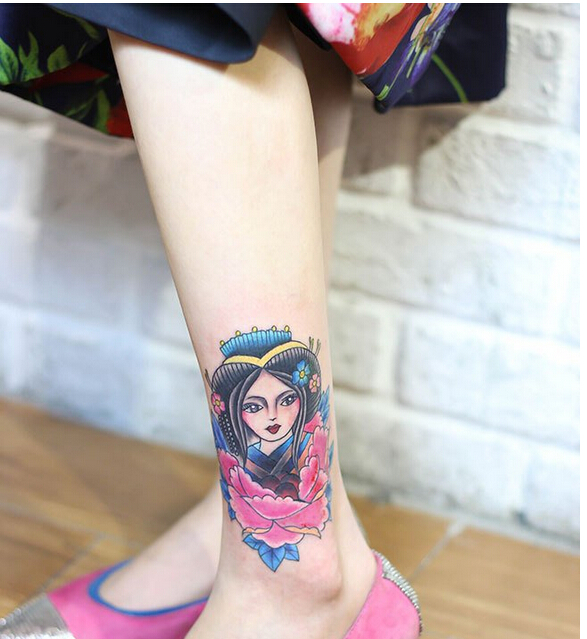 脚踝漂亮干净好看的卡通艺妓纹身图案图片