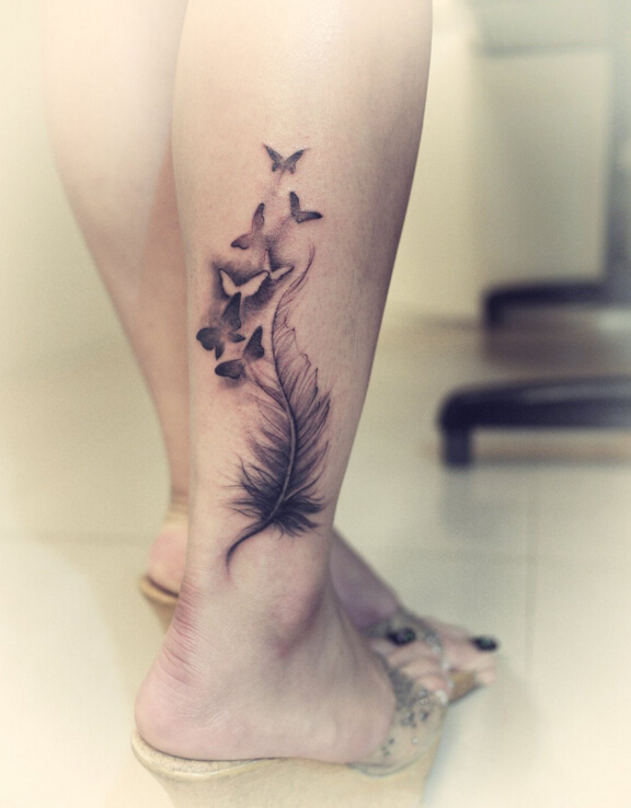漂亮脚踝上精美好看的羽毛纹身图案图片