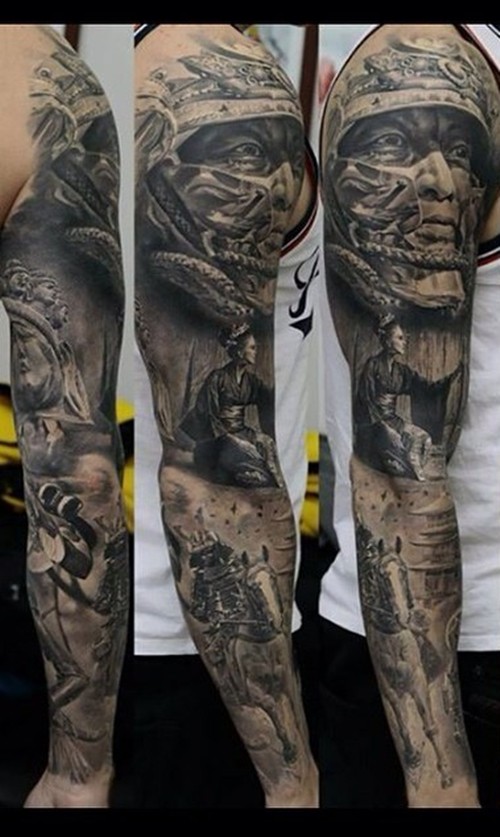 不一样的黑白花臂、花腿纹身