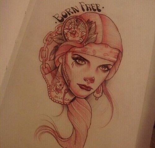 彩色人物肖像纹身手稿