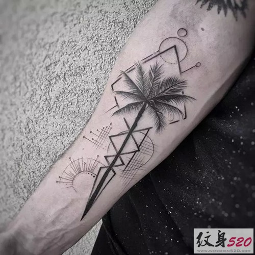 黑灰风格的几何线条纹身