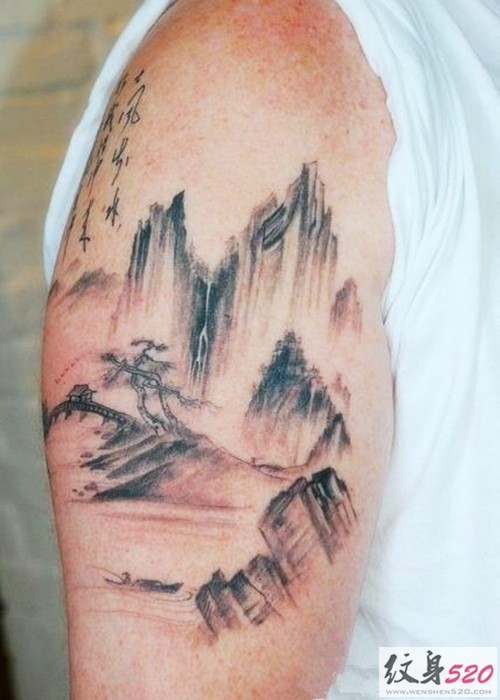 古典水墨山水纹身