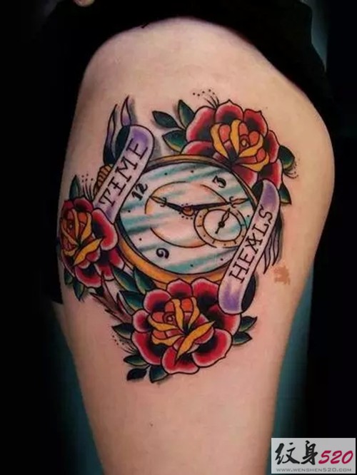 腿部复古old school纹身图案