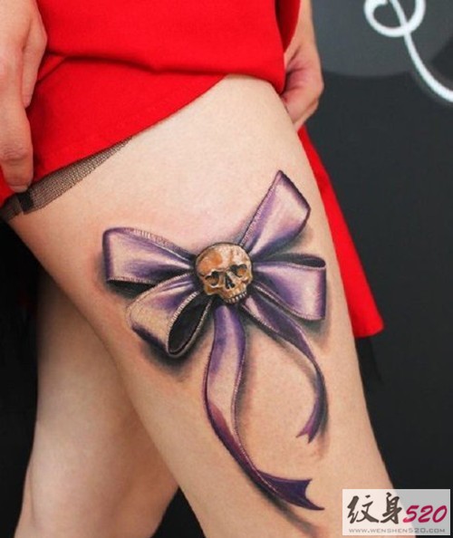 女生腿部漂亮的蝴蝶结纹身图案大全