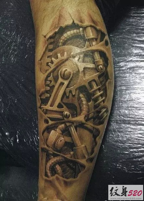 给你一个酷炫的机械腿纹身