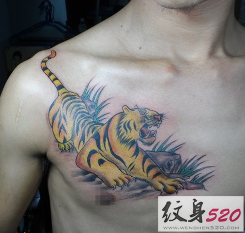 男性胸部霸气下山虎纹身