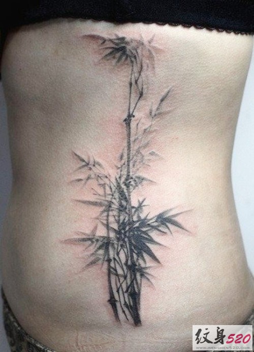 侧腰清雅翠竹纹身