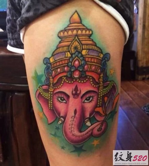 腿部经典象神纹身图案