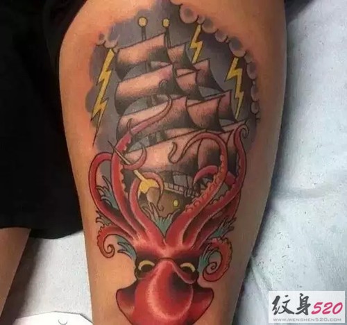 男士手臂复古帆船纹身