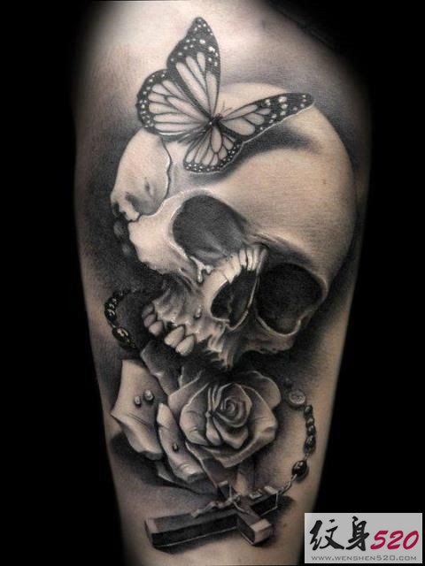 男性个性帅气手臂骷髅纹身