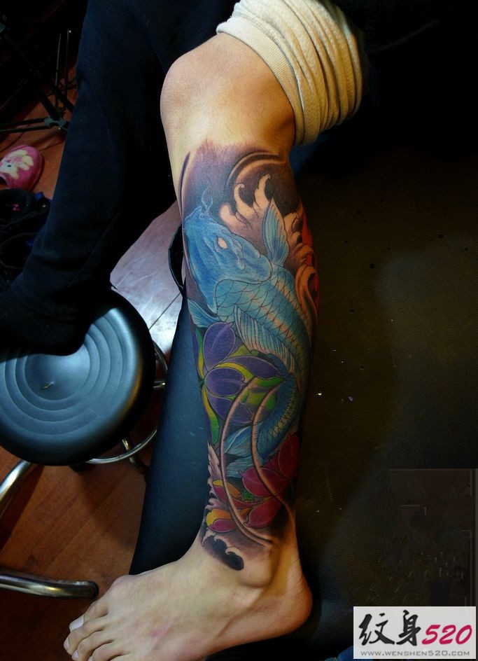 传统吉祥锦鲤鲤鱼包腿小腿纹身