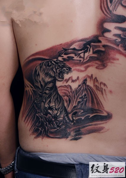 背部逼真写实的老虎纹身