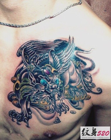 胸部经典的招财貔貅神兽纹身图案大全