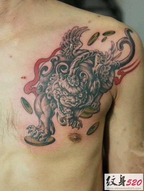 胸部经典的招财貔貅神兽纹身图案大全