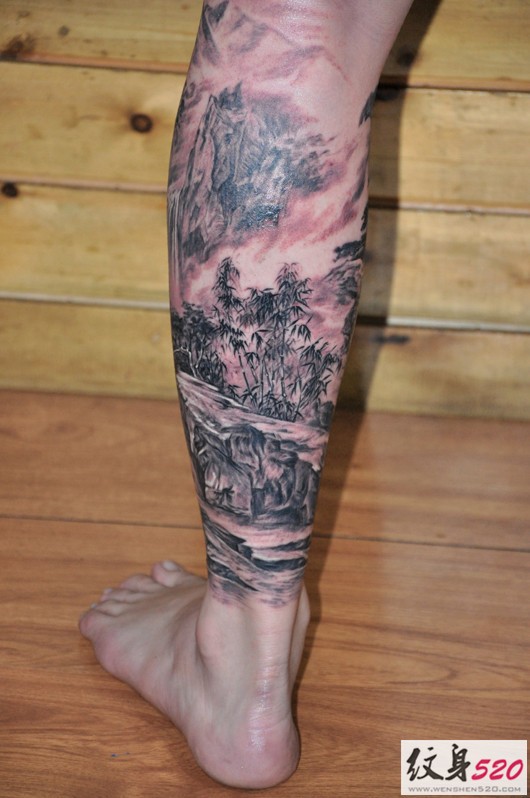 一组漂亮的腿部山水画纹身赏析