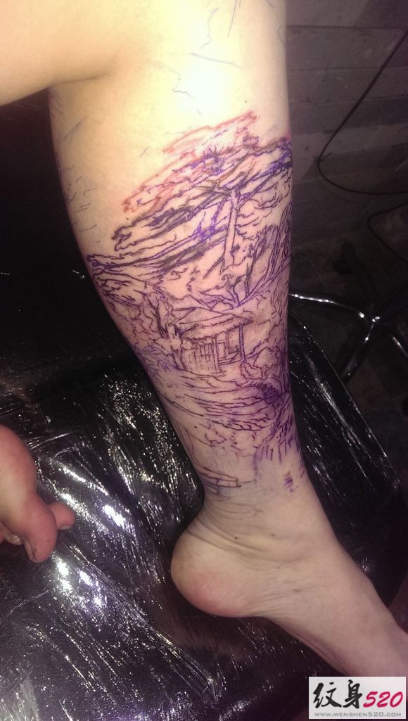 一组漂亮的腿部山水画纹身赏析