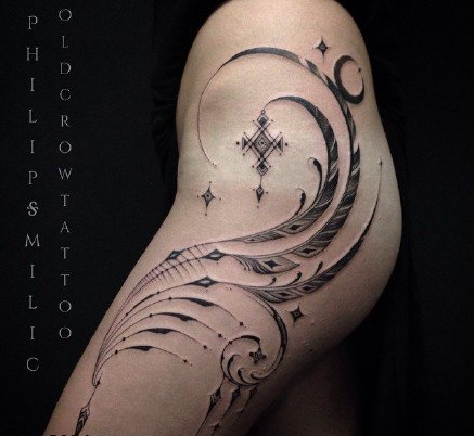 舞动的线条点刺纹身图案