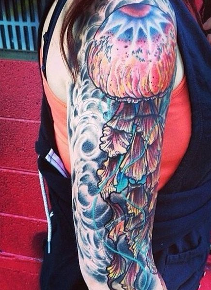 女性手臂彩色水母纹身图案