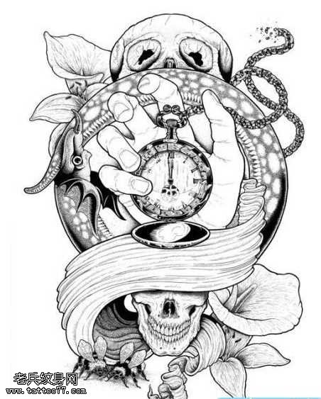 手稿骷髅看钟纹身图案