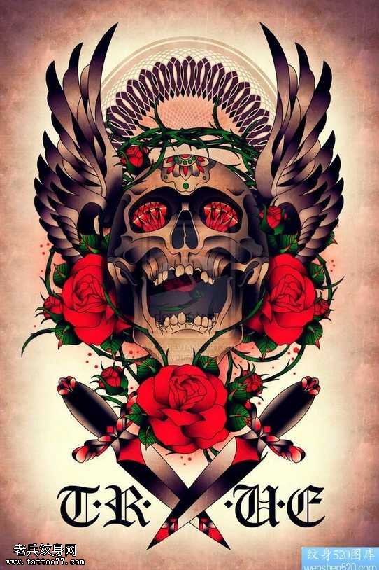 手稿骷髅玫瑰匕首纹身图案