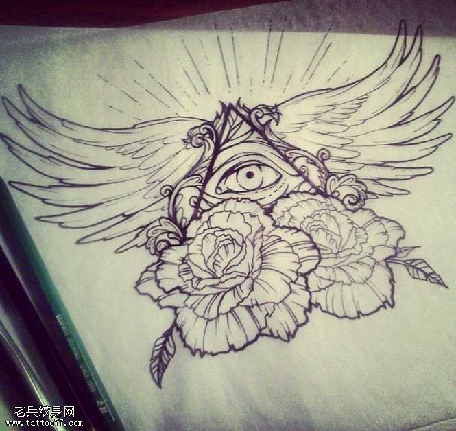 上帝之眼翅膀玫瑰纹身图案